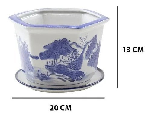 Kit 3 Vasos Cerâmica Conjunto C/ Pires Azul E Branco - 3