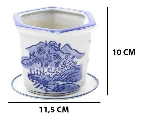 Kit 3 Vasos Cerâmica Conjunto C/ Pires Azul E Branco - 5