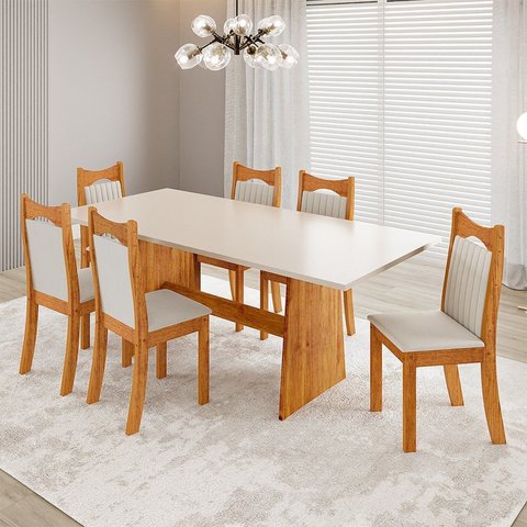 Conjunto Sala de Jantar 6 Lugares Retangular Tampo de MDP Riviera Yescasa Bege/Mel/Off White