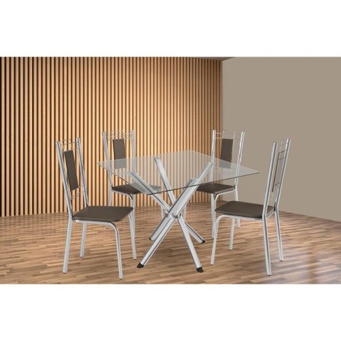 Kit 4 Cadeiras Sala Jantar Volga C/ Tampo de Vidro 90cm e 4 Cadeiras Florença Cromada - Courano