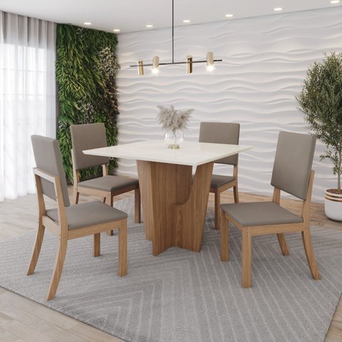 Conjunto Mesa Vértice 90cm sem Vidro 04 Cadeiras Milla Bege/Nature/Off White/Marrom/Amêndoa