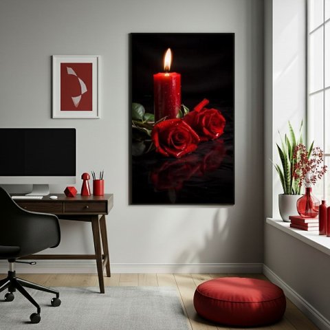 Quadro Umbanda Vela e Rosas Vermelhas - 70x50cm:moldura Branca