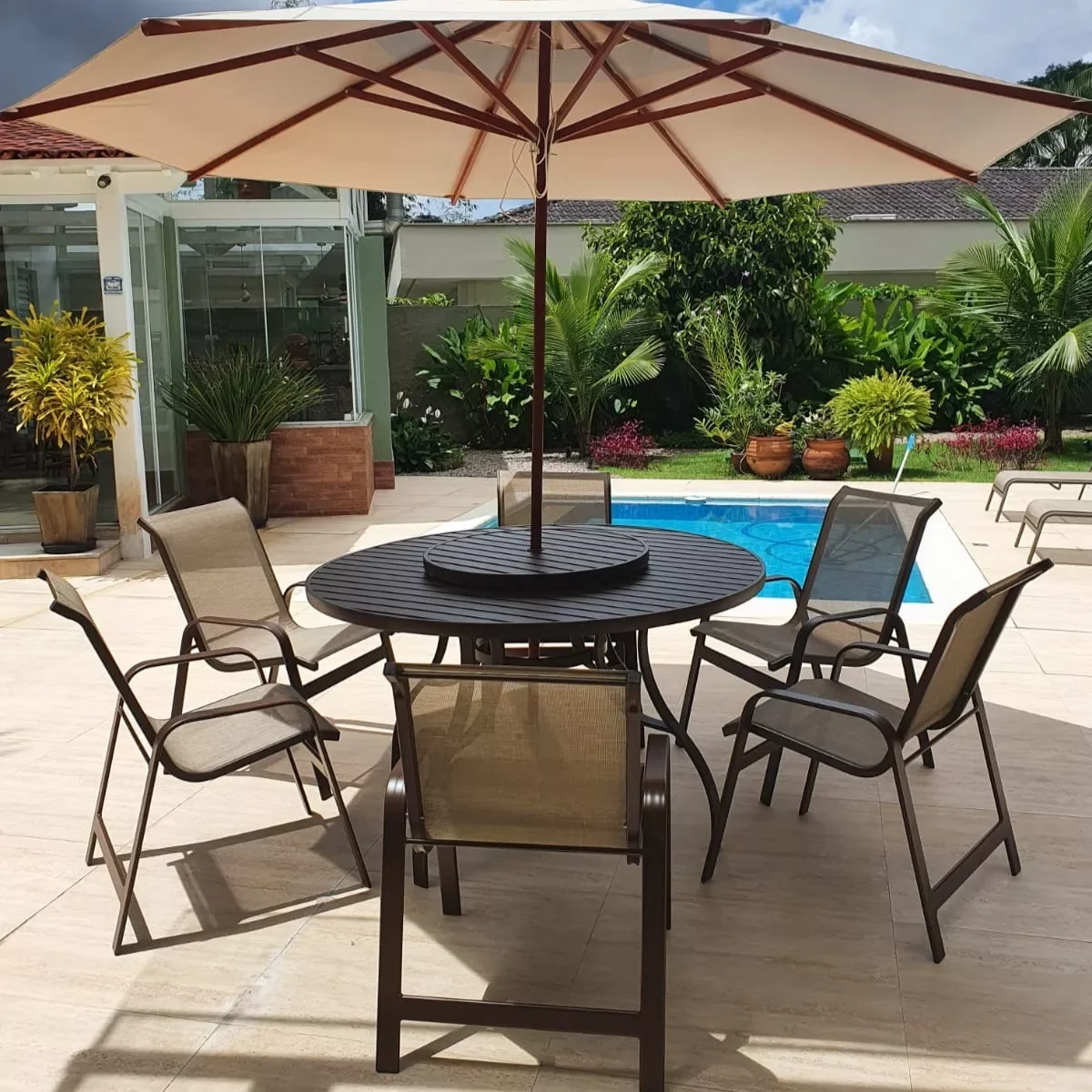 Móveis de Piscina Mesa Giratória para Jardim Área Externa com 6 Cadeiras Tela Sling - 1