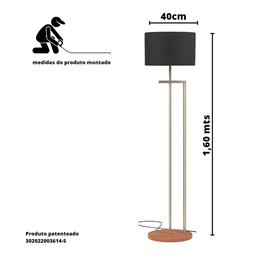 Luminaria de Canto para Sala Base Mdf Estrutura de Aço Bivolt Cupula Preta - 4