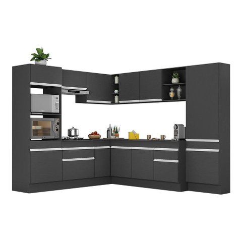 Armário de Cozinha Completa de Canto com Rodapé Veneza Multimóveis V2082 Preto/Branco