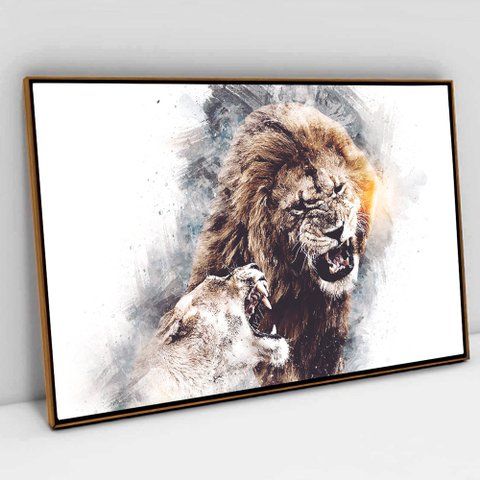 Quadro Decorativo em Canvas Leões Selvagens TaColado Moldura Flutuante 4,5cm Freijó 120 x 80cm