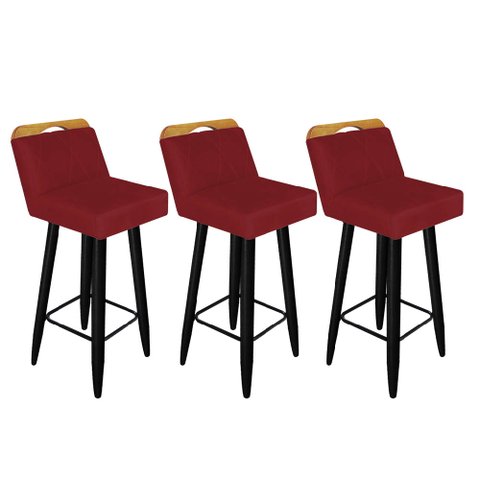 Kit 03 Banqueta Alta C/ Encosto Lith Para Cozinha Bar Balcão Bistrô Pé Palito Preto Suede Vermelho -