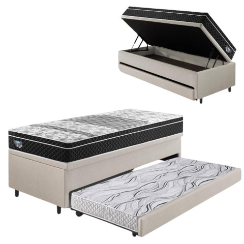 Bicama Box Baú Courino Linho Areia 88x188 com Colchão Gransleep Molas Verticoil Ecoflex