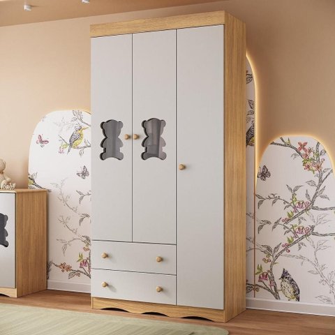 Guarda-roupa Infantil 92cm com Vidro 3 Portas e 2 Gavetas Doçura Multimóveis Mp4492 Madeirado/off