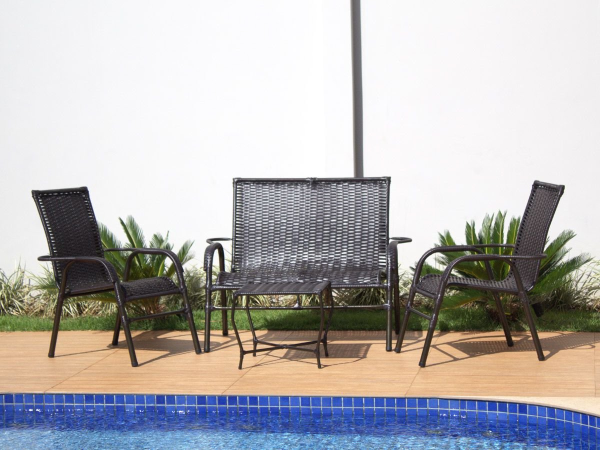 Conjunto 2 Cadeiras, Namoradeira e Mesa - Área externa, Jardim, Piscina Fibra Sintética - Vinho Dark - 3