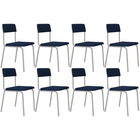 Kit 08 Cadeiras Estofada para Sala de Jantar Sense Branco C01 Linho Azul Escuro - Lyam Decor