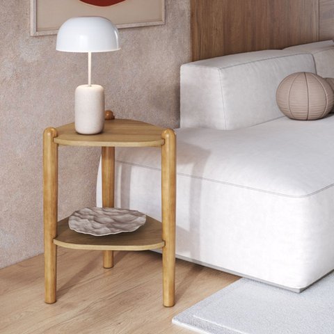 Mesa Lateral Orgânica com Prateleira 44,6cm Pé Madeira Móvel na Caixa