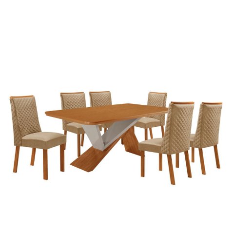 Mesa de Jantar Yasmin 180 cm Tampo MDF Canto Copo Laminado com 6 Cadeiras Moderna Mobília