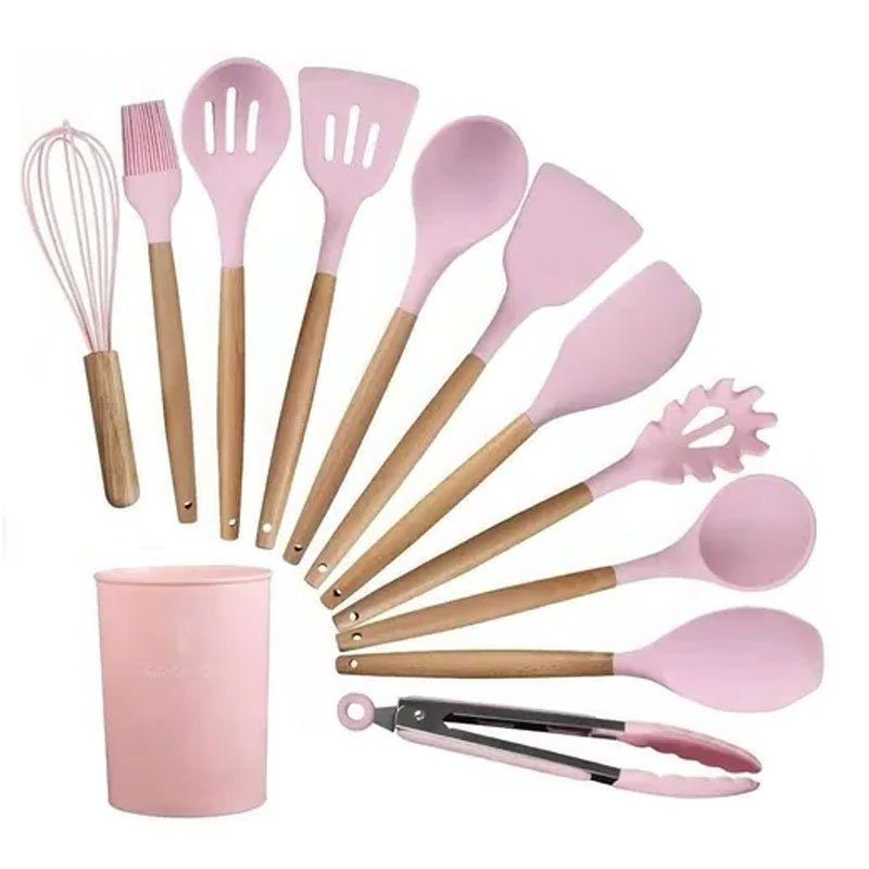 Kit 12 Pçs Utensílios De Cozinha Em Silicone Cabo Madeirarosa Madeiramadeira 3073