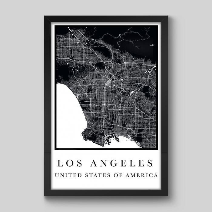 Quadro Mapa Los Angeles - 30x20cm - Moldura Padrão Preto | MadeiraMadeira