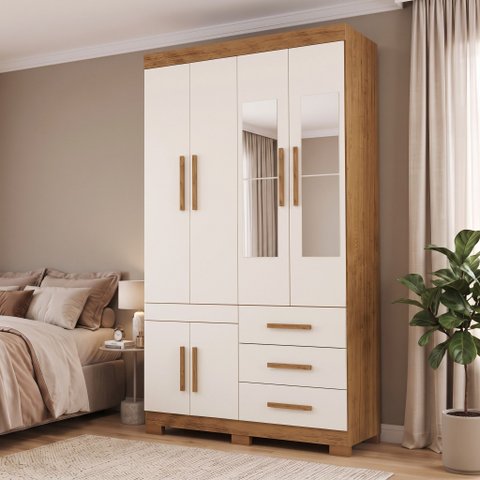 Guarda-Roupa Solteiro 6 Portas, 3 Gavetas, Pés e Espelho MDF Safira Plus Cinamomo/Off White