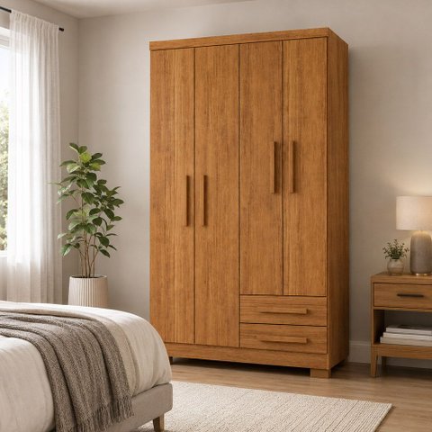 Guarda Roupa Multiuso Paris 4 Portas 2 Gavetas com Corrediças Telescópicas Casal ou Solteiro Cedro