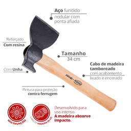 Machadinha de Aço com Unha  Cabo De Madeira Tam. 34 cm Durín - 2