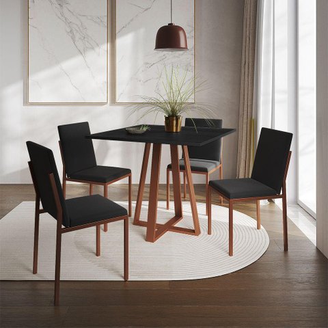 Conjunto de Jantar Mesa 90cm Preta com 4 Cadeiras Estofadas Pretas Base Cobre - Preto