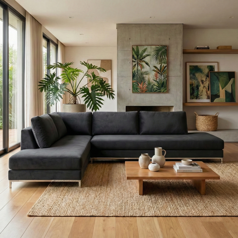 Sofá de Canto 5 Lugares com Chaise Lado Esquerdo em Veludo 293x200cm Preto