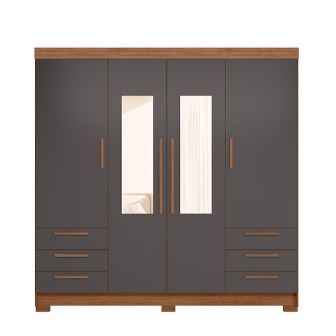 Guarda Roupa Roupeiro Casal com Espelhos 4 Portas 6 Gavetas Irati 4.6 Jatoba Grafite Santos Andirá