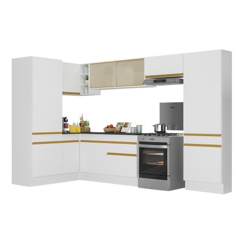 Armário de Cozinha Completa de Canto com Rodapé Veneza Multimóveis V2090 Branco/Dourado