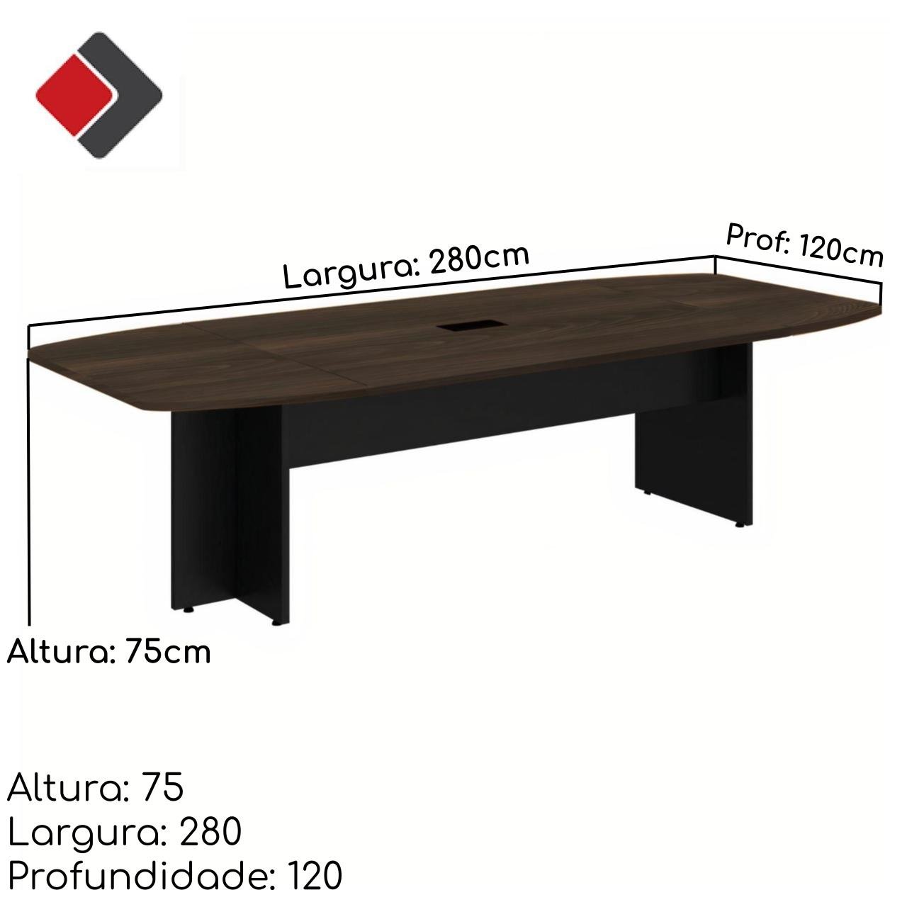 Mesa de Reunião Diretoria ABAULADA - 2,80x1,20m - WORKSTART - MARSALA/PRETO - 21016 - 3