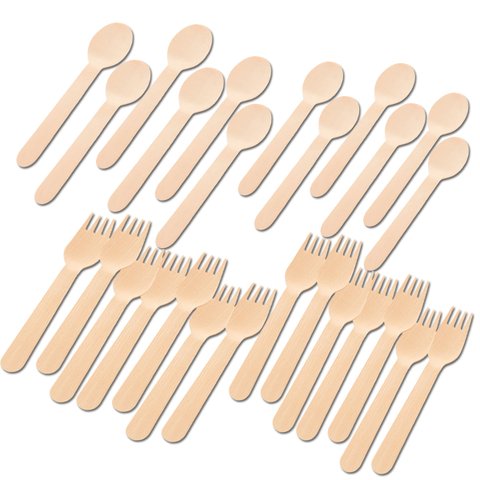 Kit com Garfo e Colher de Madeira Natural 14cm 40 Unidades Silverfestas