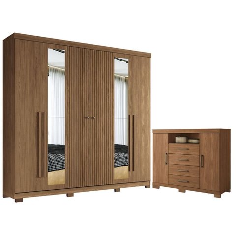 Guarda Roupa Casal Ripado 6 Portas Buriti com Espelho e Pés e Cômoda Havana Master com Pés Jatobá Ac