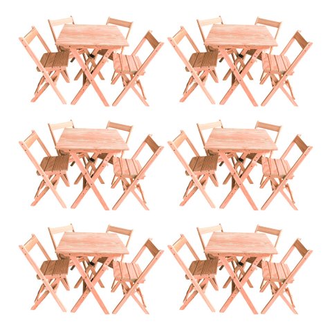 Kit 6 Conjuntos Mesa Dobrável 70x70cm para Bar com 4 Cadeiras em Madeira Maciça - Cru