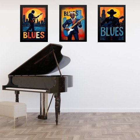 Kit 3 Quadros Músicos Blues 24x18cm - com Vidro:moldura Preta