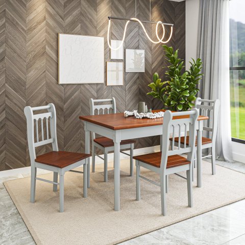 Conjunto Sala de Jantar com 4 Cadeiras Ripadas Madeira Maciça Mv Cinza