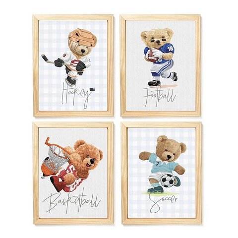 Kit Quadro Urso Esportista Decorativo Quarto Criança Bebê Enxoval Menino