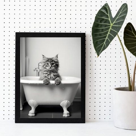 Quadro Decorativo Banheiro- Gato Banheira 45x34cm:madeira Preta