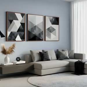 Kit 3 Quadros Abstrato Moderno Preto Cinza Moldura:tabaco