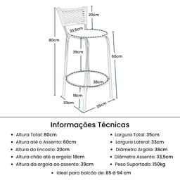 Kit 4 Banquetas para Balcão Cozinha Gourmet Junco Preto Bancada Ilha Banco 60cm Itagold - 2