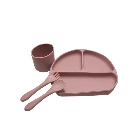Kit 4 Alimentação Bebê Silicone Prato Copo Garfo e Colher Rosa