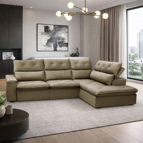 Sofá 3 Lugares Retrátil Reclinável Chaise Direito 258cm Bergen F04 Veludo Amêndoa - Lyam Decor