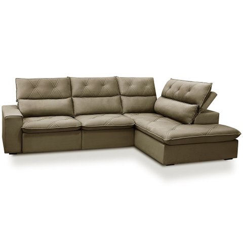Sofá 3 Lugares Retrátil Reclinável Chaise Direito 258cm Bergen F04 Veludo Amêndoa - Lyam Decor