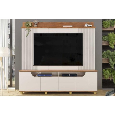 Rack Bancada C/ Painel P/ Tv até 75 Pol Gama 4 Porta 199x188cm Off White/freijó - Dj Móveis