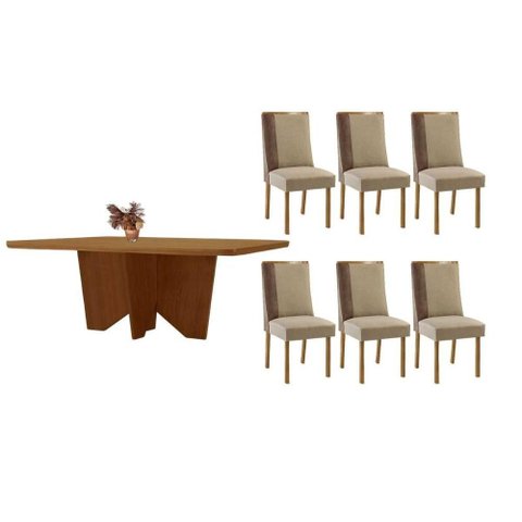 Conjunto: Mesa Sala Jantar Nevada C/ Tampo Madeirado Canto Curvo 180x90cm e 6 Cadeiras Tilia