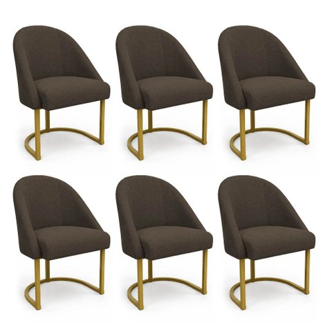 Kit 06 Cadeiras Poltrona de Jantar Lua Linho Marrom Base Ferro Dourado Dal Poz Estofados