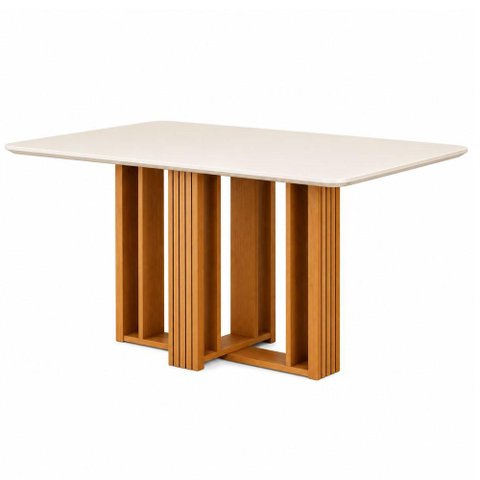 Mesa de Jantar Jade Gold 160x80 Canto Copo com Vidro Cinamomo Off White - Leifer