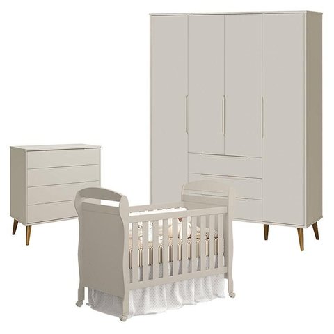 Quarto de Bebê 4 Portas com Cômoda Gaveteiro Elfe Retrô e Berço Americano Danny Areia Acetinado Amad