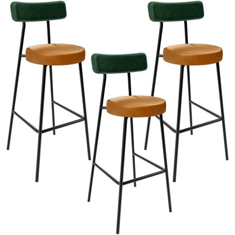 Kit 3 Banquetas Alta Cozinha Sala Jantar Milão L02 Facto Verde Musgo Couríssimo Whisky - Lyam Decor