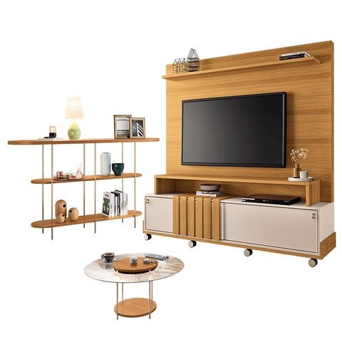 Estante Home Theater Bold Off White Cinamomo e Aparador Infinity e Mesa de Centro Sky com Tampo de V