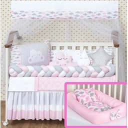 Kit Berço Trança e Ninho Nuvem Rosa Menina 16 Peças - 1