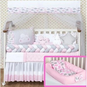 Kit Berço Trança e Ninho Nuvem Rosa Menina 16 Peças