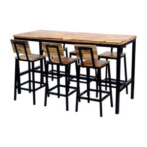 Conjunto Mesa Bistrô Industrial 1,60m Teca com 6 Banquetas C/ Encosto Industrial Taburete