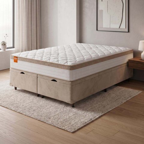 Cama Box Casal Queen Colchão Molas Ensacadas Real 158x198x65cm Branco / Bege - Suporta até 130kg